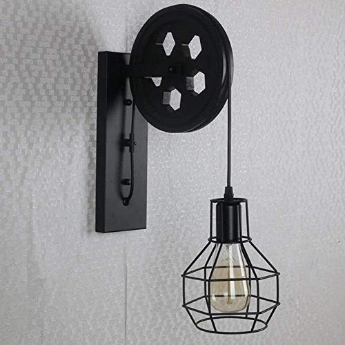 Aplique negro industrial de hierro con polea de elevación para iluminación interior retro 6