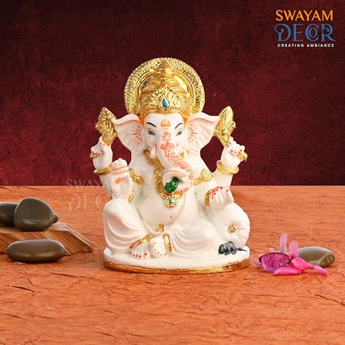 Image of Creating Ambiance Polyresin Marble Ganesh Idol, Vinayaka Statue | Auspicious Ganpati Murti for Living Room & Home Decor - Ganesh Idol for Diwali - Gold & White (7 Inches)
