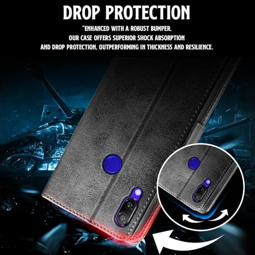 Image of WOW IMAGINE Shock Proof Flip Cover Back Case for Xiaomi Mi Redmi Note 7 | 7 Pro | 7S (Magnetic Button Flip Case | Wallet Pockets & Stand | Leather Finish | Haze Black)