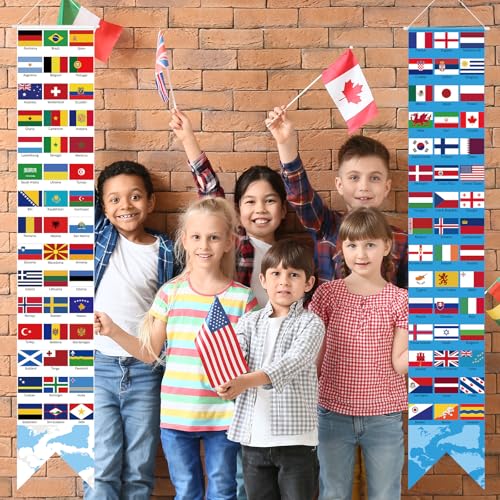 Image of Hooqict 2Pcs World Flags Banner Porch Sign International Country Flags for Travel Around the World Party Decorations Classroom Soccer Birthday Party Supplies Welcome Sign