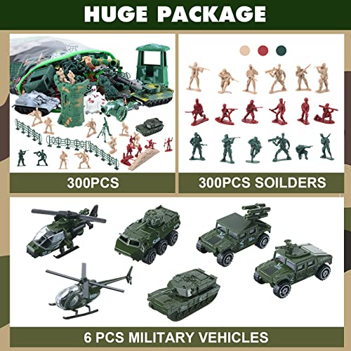 606 Plastic Army Men Toys Including 300 Pcs Toy Soldiers 300 Pcs Army Toys 6 Pcs Assorted Tank Helicopter Panzer Car Military Vehicles, Mini Army Guys Military Figures Set For Little Teens #TOP1