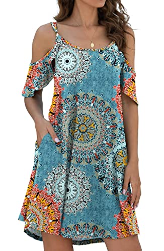 CLOUSPO Femme Robe d’été à Manches Courtes Épaules Dénudées Mini Robe Femme Bretelles Col Rond Élégante Chic Décontracté Florale de Plage (S, Anneau Bleu) Cover