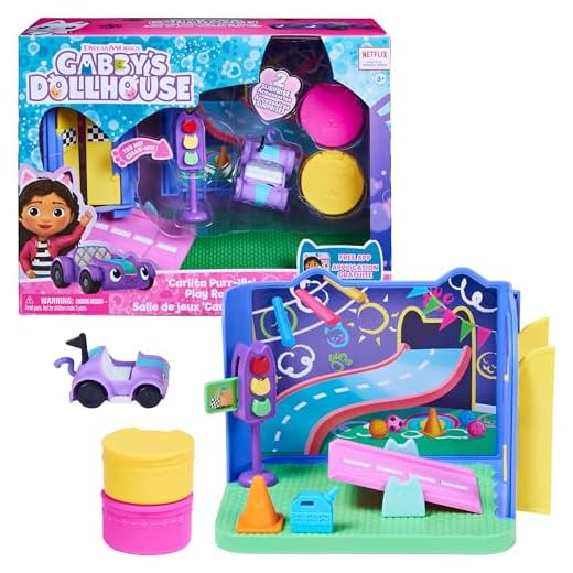 LA CASA DE MUÑECAS DE GABBY - SALA DE JUEGOS DE CARLITA - Sala de Juegos felincreíble con el Coche de Juguete Carlita, 2 Accesorios, 2 Muebles y 2 Cajas Sorpresa - 6064149 - Juguetes Niños 3 Años +