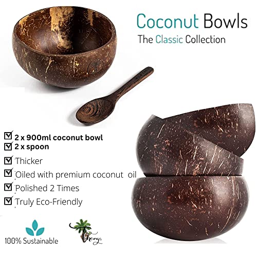 Image of Thenga Jumbo 900ML Artisan Coconut Shell Bowls & Spoon Set | Eco-Friendly Handmade Wooden Bowls for Smoothie, Salad, Breakfast, Buddha Bowls & Meals | Set of 2 from Kerala