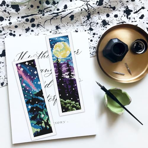 Image of BEUNITONE 6 Pcs Landscape Bookmarks Cross Stitch Kits for Adults Beginner Scenery Cross Stitch Bookmark Kit Aurora Needlepoint Bookmark Kit Stamped DIY Embroidery Kit with Instructions 2.4x8 in