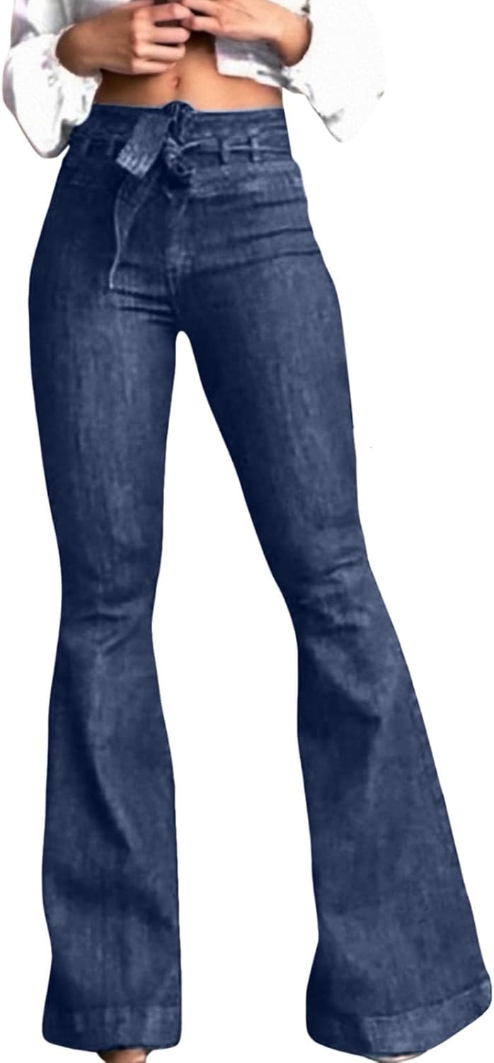 Womens Flare Jeans High Waisted Bottom Stretch Wide Leg Denim Pants with Lifting Tie Belt for Everyday Wear