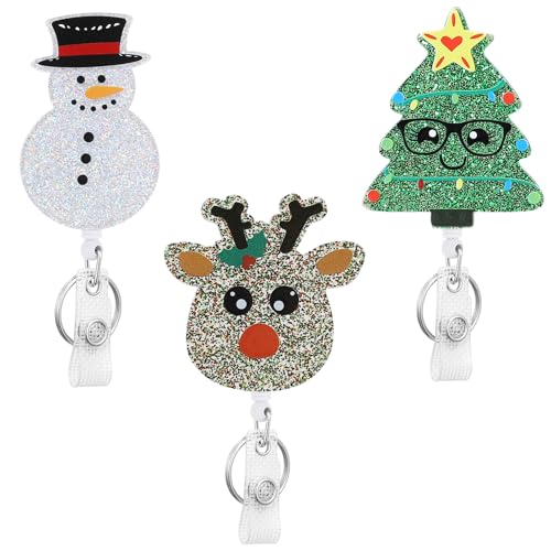 3 Pack Christmas Badge Reel Retractable, Nurse ID Name Card with Alligator Swivel Clip, Cute Elk Snowman Christmas Tree Badge Holder for Nurse Student