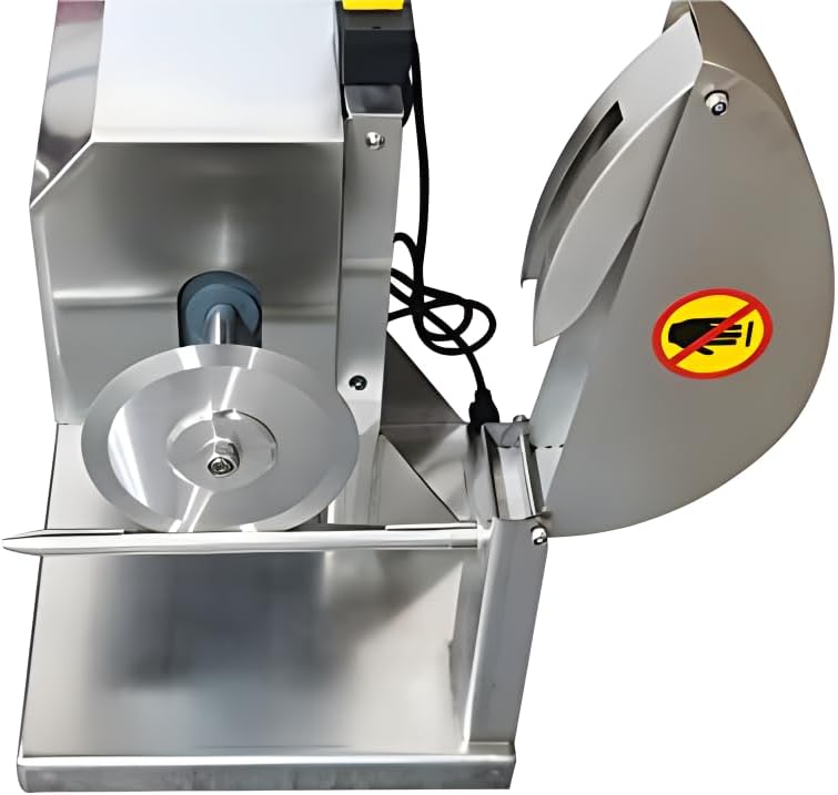 Front view of the bone saw machine's blade area with a prominent 'No Hands' safety warning sticker.
