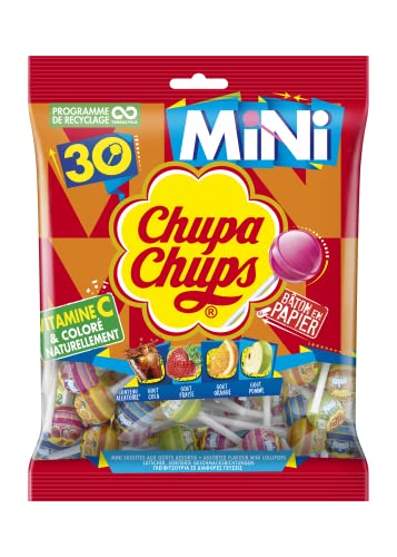 Chupa Chups - Sachet de 30 Mini Sucettes - Parfums Variés - Chupa Chups Cola et Goûts Fraise, Orange et Pomme - Sucettes à la Pulpe de Fruit - 0% de...