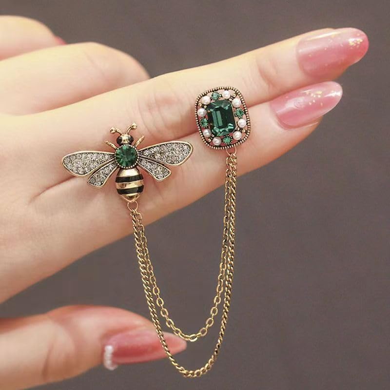 Image of Dreuyet Honey Bee Brooches for Women Men CZ Crystal Cute Bee With Hanging Chain Tassel Badge Suit Collar Brooch Lapel Pin Vintage Insect Themes Hanging Brooches Pins Accessories