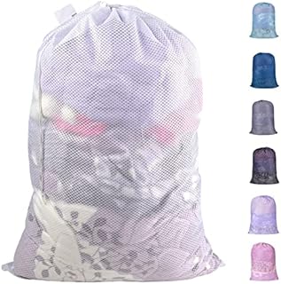 Polecasa Heavy Duty Large Mesh Laundry Bag with ID Tag and Locking Drawstring Closure - 24 x 36 inches - Laundry Hamper Liner, Washable Laundry Bags for Travel, Sports, Dorms (White)