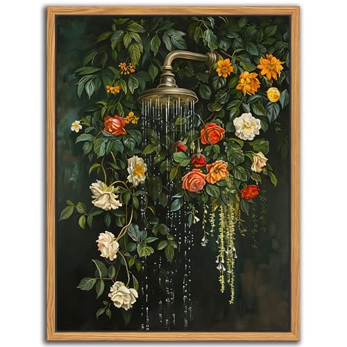 Floating Framed Floral Shower Wall Art, Vintage Botanical Flower Canvas Print, Romantic Garden Roses and Waterfall Painting, Nature Inspired Bathroom Wall Decor for Home Living Room 12x16 inch