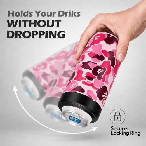 Image of 4-in-1 Slim Can Cooler Easy to Hold Insulated Beer Can Holder Double-walled Stainless Steel for All 12 Oz Cans (Camouflage Pink)