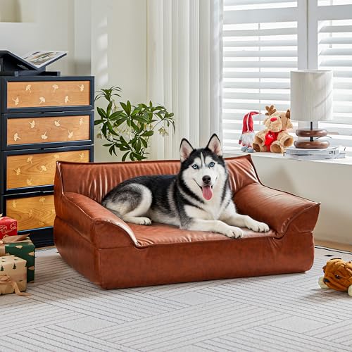 ATJafurn Leather Dog Bed Couch for Large Dogs Up to 70 Lbs, Brown Elevated Dog Sofa Bed Luxurious Indoor Furniture Style Pet Supplies for Living Room and Bedroom (Large)