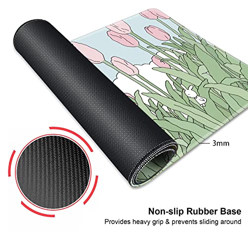 Image of Kawaii Pink Flowers Mouse Pad, Nature Mousepad Cute, Minimalistic Desk Mat, Bunny Anime Desk Pad, Extra Large Mouse Pad, 31.5 X 11.8 Inch, Aesthetic Wildflowers