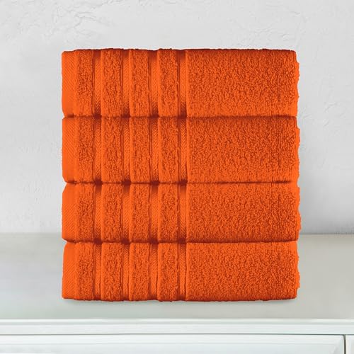Image of Elegant Comfort 100% Turkish Cotton 4 Lines Viscose Stripe Luxury 4 Pack Hand Towel Set - Ultra Absorbent and Soft 16 x 28 Inch Premium Hotel Spa Quality Towels for Everyday Bath Use, Orange