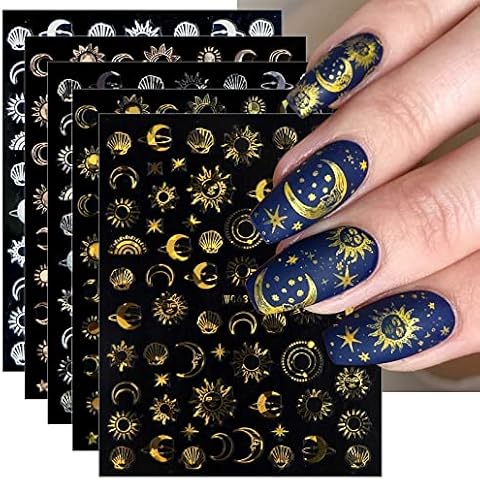 JMEOWIO 10 Sheets Moon Star Sun Nail Art Stickers Decals Self-Adhesive Colorful Rose Gold Nail Supplies Nail Art Design Decoration Accessories Cover
