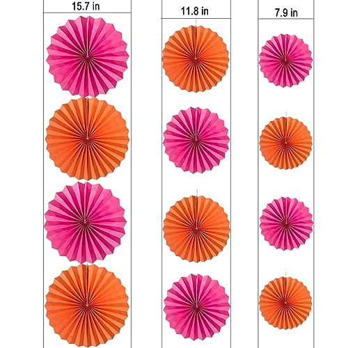 Image of MOWO Hot Pink and Orange Paper Fans Wall Decoration, 12pc | Background Ceiling Hanging, Fall Autumn Thank's Giving, birthday graduation wedding baby shower decoration