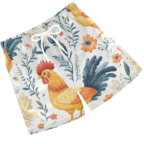 Pigsaly Boys' Swim Board Shorts Spring Yellow Chick Flower Colorful Roosters Boy's Swim Trunks Kids Swimwear XS