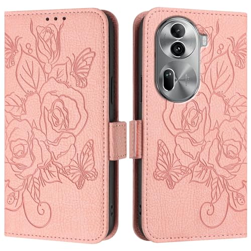 Étui Oppo Reno 11 Pro 5G en cuir rose avec porte-cartes et dragonne antichoc