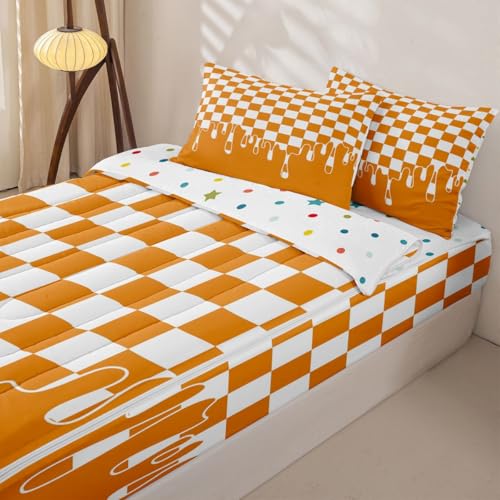 Image of Orange Checkered Twin Zip Up Comforter Set for Boys Girls,Checkerboard Drip Printed Bedding with Matching Fitted Sheet & Pillow Shams,Indie Aesthetic Funky Modern Geometric Durable Kids Bed in a Bag