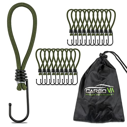 CargoVA® - 20 Tendeur Elastique de Tension avec Crochet et Sac Pratique - Crochets D'extenseur pour Bâches et Filets Vert Olive - Sandow Elastique Longueur...