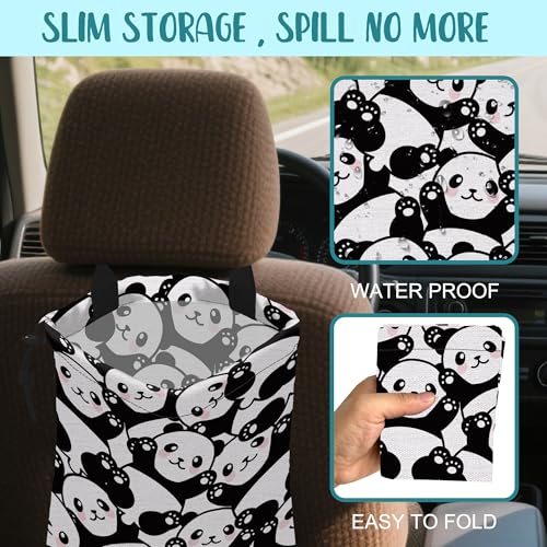 Image of Car Garbage Bag Cute Black Panda Drawstring Car Trash Bag Hanging for Back Seat with Adjustable Buckle Canvas Vehicle Trash Can Easy-to-Install