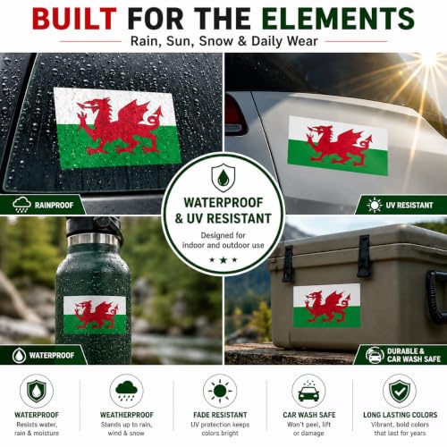 Image of Wales Vinyl Flag Stickers, Car Decals, Waterproof Indoor Outdoor, Laptop Stickers, Car Bumper, Welsh Flag, 5 x 3 Inches, Set of 3