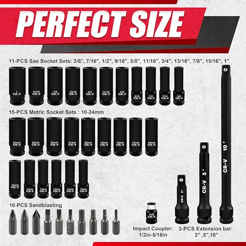 1/2" Drive Impact Socket Set, SAE and Metric, Cr-V Steel, 6 Point Deep & Shallow Sockets (40pcs 1/2" Socket Set)