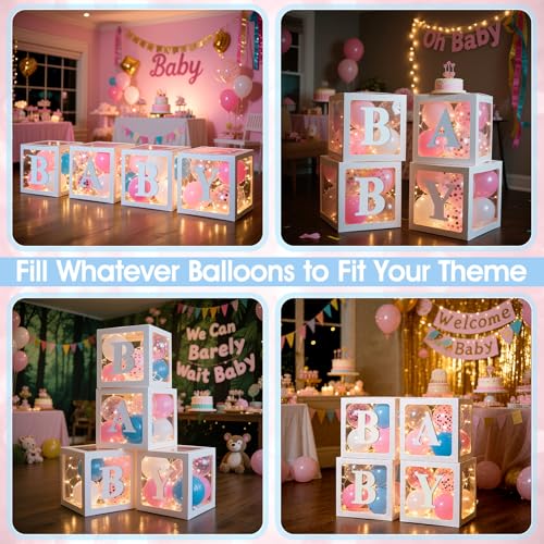 Image of Ledido Baby Boxes with Letters for Baby Shower Decoration, 4 pcs Clear Baby Balloon Boxes Blocks with LED Fairy String Lights 38 Balloons for Boy Girl Gender Reveal Birthday Party (White)