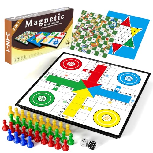 3 in 1 Magnetic Board Games Set for Kids Adults - Classic Travel Game Set with Chinese Checkers, Ludo, Snakes and Ladders, Educational Family Strategy...