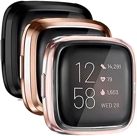 [3 Pack] Mugust Screen Protector Compatible with Fitbit Versa 2 Case, TPU Plated Full Around Protective Case Cover for Fitbit Versa 2 Smartwatch (Black, Rose Gold, Clear)