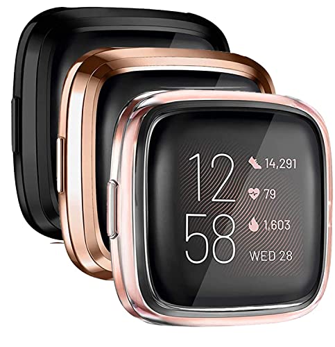 [3 Pack] Mugust Screen Protector Compatible With Fitbit Versa 2 Case, Tpu Plated Full Around Protective Case Cover For Fitbit Versa 2 Smartwatch (Black, Rose Gold, Clear) #TOP23
