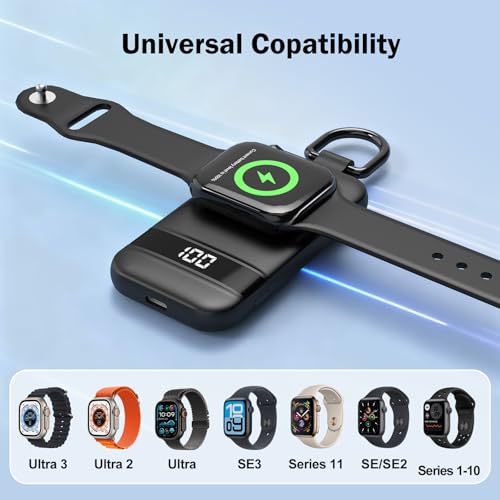 Image of Portable Charger for Apple Watch, 2500mAh & Digital Display - Magnetic Fast Charging iWatch Charger for Apple Watch Series 1-11 /SE1-3 /Ultra 1-3 (Black)