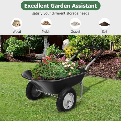 ERGOMASTER Dual-Wheel Wheelbarrow, Home Utility Garden Cart, 330 LBS Capacity, Large Heavy Duty Yard Cart for Gardening & Planting, Lawn, Farm, Construction Site, Black