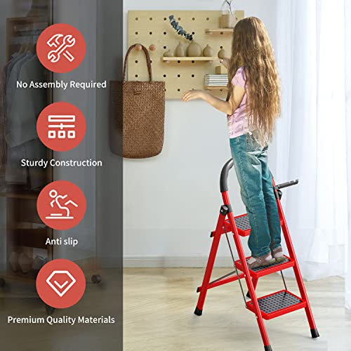 3 Step Ladder-3 Step Ladder Folding Step Stool-Step Ladder 3 Step Folding with Anti-Slip Wide Pedal&Convenient Handgrip-Sturdy Steel Ladder Portable for Home,Office - Thumbnail 6