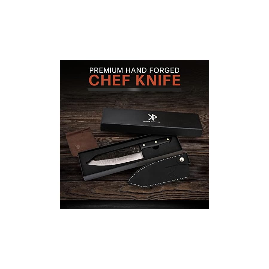 Kitchen-perfection-Chef-Knife-8-Inch-Professional-Kitchen-Knife-HandForged-in-Fire-High-Carbon-Steel-Ultra-Sharp-Premium-Chefs-Knife-Chopping-Knife-wLeather-SheathUnique-Patina-Look Kitchen perfection Handmade Chefs Knife - Extremely Sharp Kitchen Knife 8 Inch Professional Culinary Knife -Hand Sharpen Chopping Knife Meat Knife Kitchen For Men - High Carbon Steel w/Leather Sheath