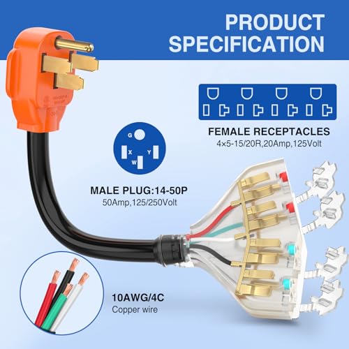 Image of Nilight 50 Amp to 110V RV Adapter Cord 50 Amp to 20A RV Distribution Adapter Cord 4 Prong 14-50P Male to 4X 5-15R /5-20R Female ETL Listed for RV Camper Generator Household Outlet
