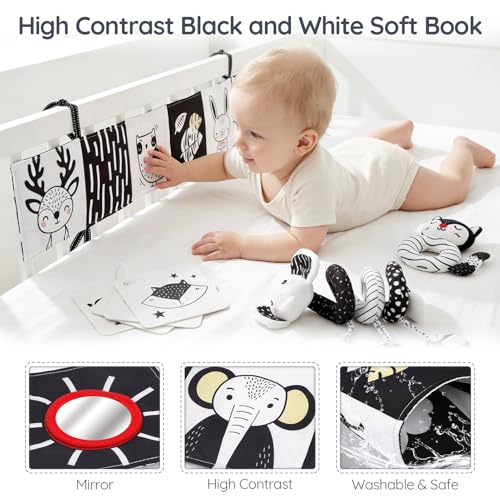 Image of Joyreal High Contrast Baby Toys for Newborn, Black and White Baby Sensory Toys with Car Seat Toys,Infant Toys with Black White Cards Book, Montessori Toys for Baby Gifts (Elephant Theme)