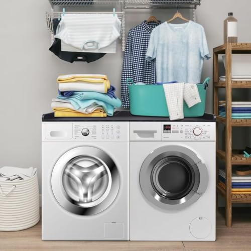 Washer Dryer Countertop with Non-Slip Pad, Multi Layer Solid Wood Washer and Dryer Countertop with Edge Rails for Laundry Room Storage and Organization, 27.5" W x 54" L(Black)