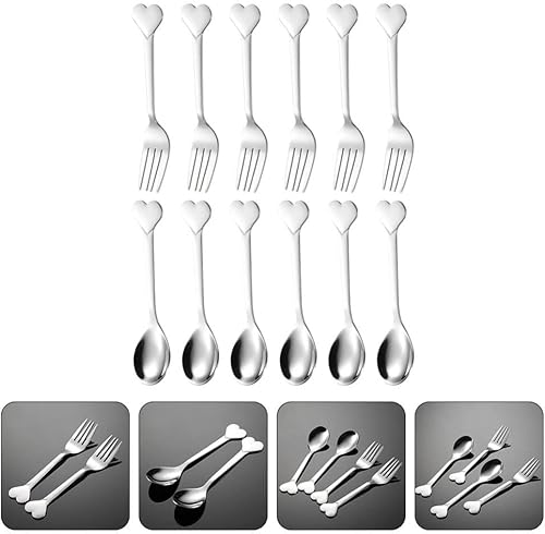 Miniatura 4 de BESTonZON Juego de cubiertos de acero inoxidable con cuchara de corazón, 12 piezas, cuchara de postre, cucharadita, tenedores de frutas para el