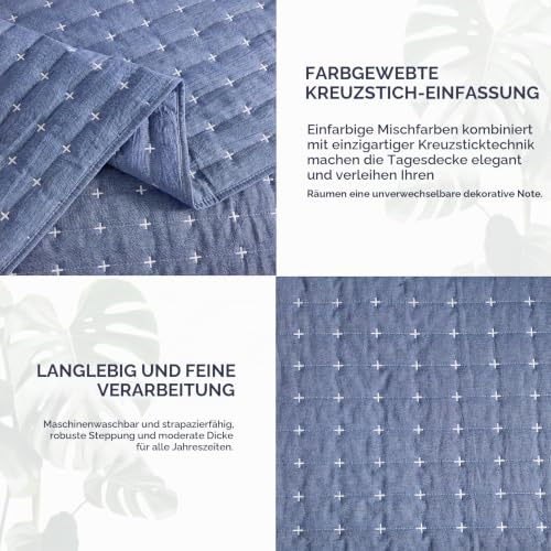 Qucover Tagesdecke Baumwolle 240x260, Ultra Weiche Blau Bett Überwurfdecke Stickerei, Bettüberwurf mit 2 Kissen Set, Steppdecke 240x260… – Ansicht 3