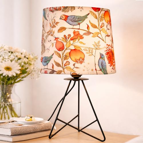 Image of Modern Black Tripod Table Lamp with Taper Fabric Shade | Metal Base Bedside Lamp for Bedroom, Living Room, Study, Office & Nightstand | Decorative Table Light (Bird)
