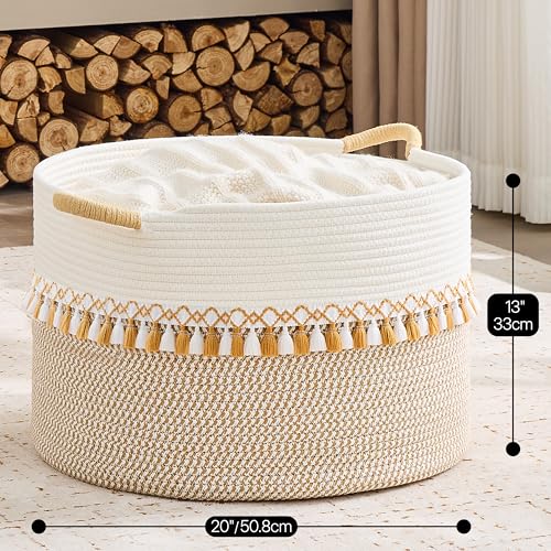 Image of KAKAMAY Cotton Rope Storage Basket (20 inchx13 inch),Woven Hamper for Blankets,Toys,Pillows,Clothes,Laundry,Sturdy Handles Decorative Basket for Living Room, Bedroom,Nursery(Brown /Grey)