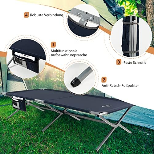 Generisch FANTASK Feldbett Klappbar XXL, 214,5 x 106 cm, Campingbett mit Seitentasche, tragbares Campingliege bis 150 kg belastbar, inkl. Tragetasche, Klappbett für Camping, Strand (Blau)