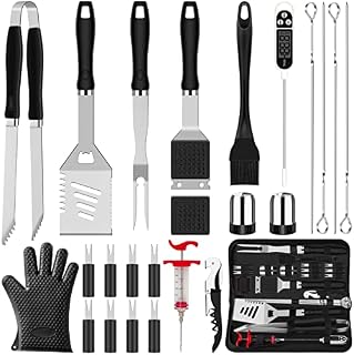 ROMANTICIST 25pcs Grilling Accessories Kit for Men Women, Stainless Steel Heavy Duty BBQ Tools with Glove and Corkscrew, Grill Utensils Set in Portable Canvas Bag for Outdoor,Camping,Backyard Black