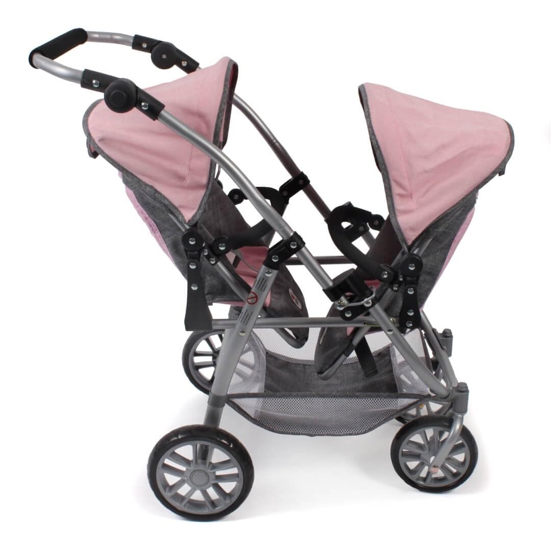 Vario Tandem Buggy, podwójny wózek dla dwóch lalek, wózek dla lalek dla dzieci w wieku od 4 do 8 lat, szary melanż/różowy