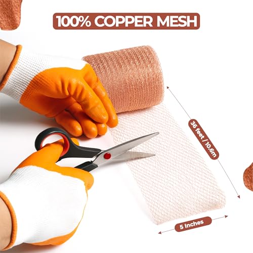 Image of Copper Mesh Rodent Control, 5in x 36ft- Rustproof Copper Mesh Roll for Rodent, Bat & Snail - Perfect for Hole Blocking, Gardening & Sealing Water Opening - Plus Bonus Scissor & Gloves