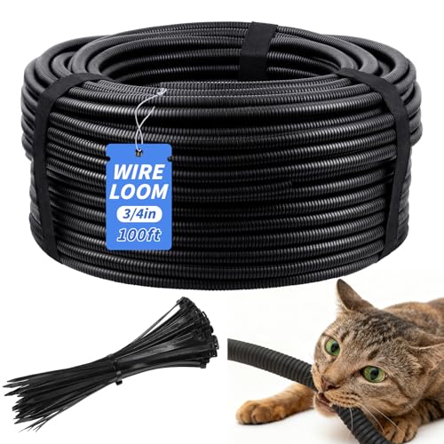 100FT Split Wire Loom Tubing 3/4 Inch Wire Protector Tubing Automotive Wire Flexible Conduit Cord Covers with 20 Cable Ties for Automotive Marine RV Agriculture Electrical Cable Protection