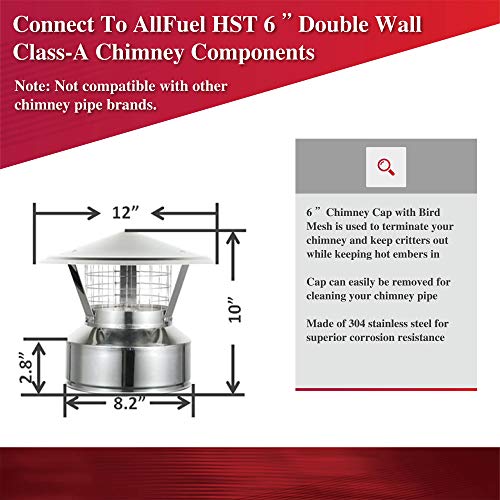 Allfuel Hst Rain Cap With 3/4" Spark Arrestor For 6" Diameter 304 Stainless Steel All Fuel Class-A Double Wall Insulated Chimney Pipe #TOP3